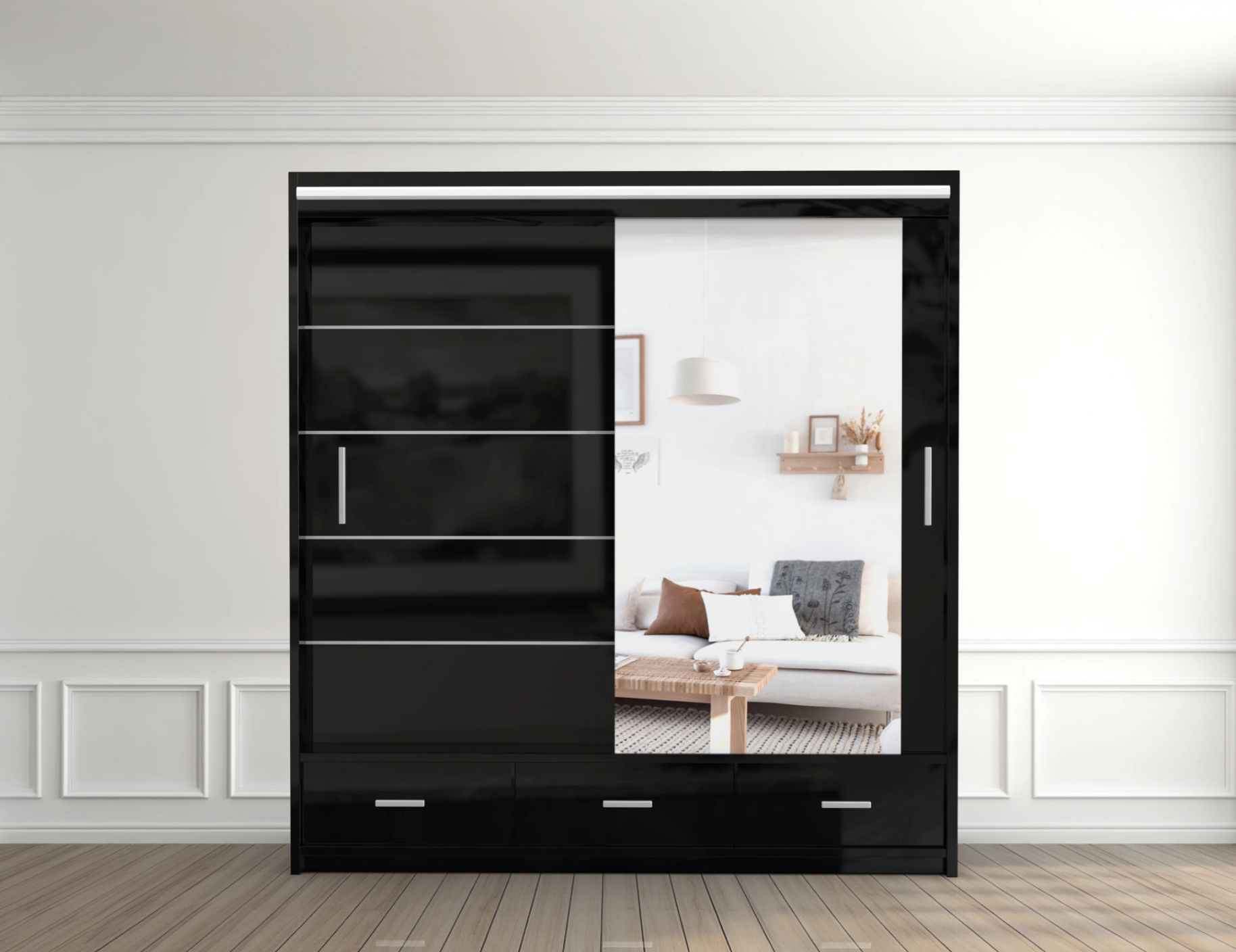 Florence High Gloss Wardrobe with Sliding Mirrors and Metallic Handles